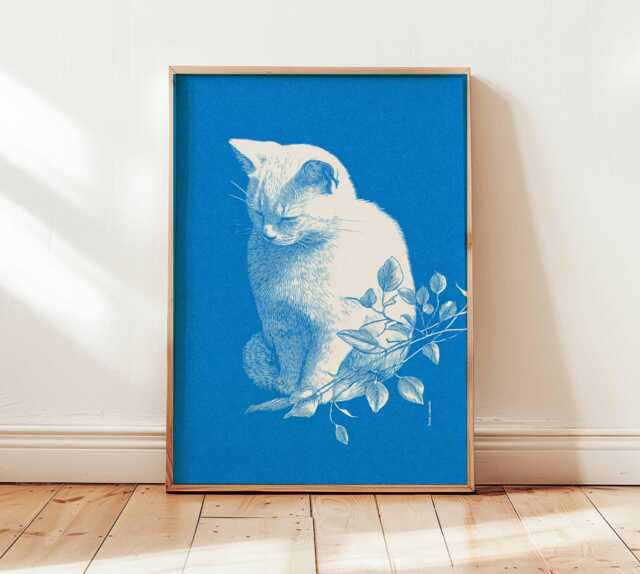 Blue Cat Wall Art Print, Minimalist Animal Poster, Modern Illustration Artwork, Pet Lover Home Decor, Contemporary Print - image 1