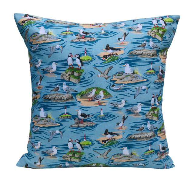"1 X By The Sea Seaside Lighthouse Puffins Seagulls Blue Grey Cushion Cover 16"" 18" - image 1