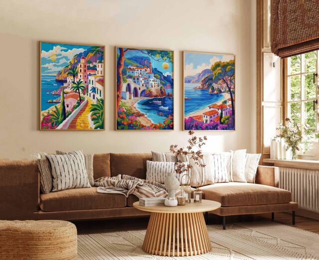 Set Of 3 Amalfi Coast Travel Posters, Italy Prints, Coastal Wall Art, Beach House Decor, Scenic Holiday Gift - image 1