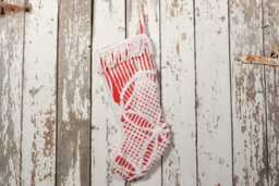 Red & White Fluffy Vintage Chenille Christmas Stocking With Matching Trim - Wedding Ring, Flower - thumbnail 1