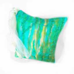 Hand Painted Silk Cushion Cover Dragonfly, Organza Ribbons, Green & Yellow - thumbnail 2