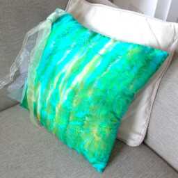 Hand Painted Silk Cushion Cover Dragonfly, Organza Ribbons, Green & Yellow - thumbnail 3