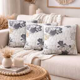 Grey White Floral Cushion Cover 18x18 Inch 45x45cm - Handmade Hidden Zip Worldwide Shipping