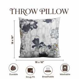 Grey White Floral Cushion Cover 18x18 Inch 45x45cm - Handmade Hidden Zip Worldwide Shipping - thumbnail 2