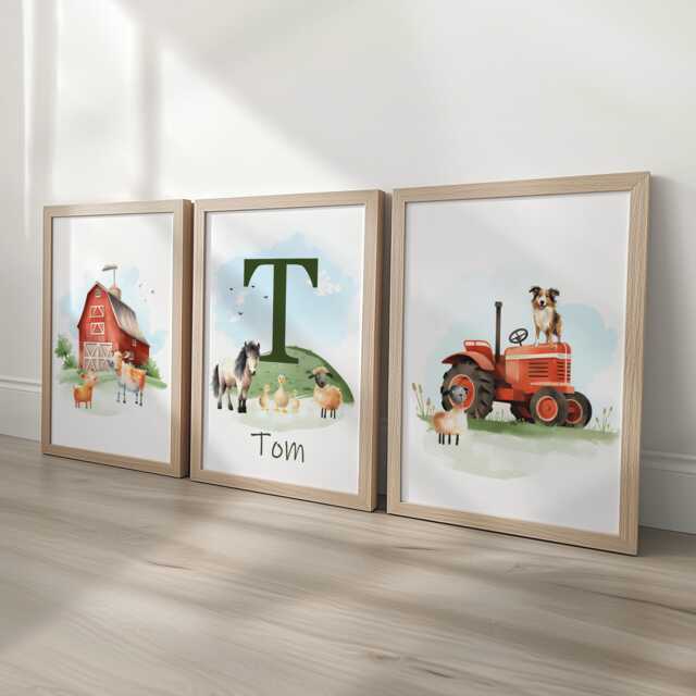 Personalised Farm Nursery Prints, Set Of 3 Custom Tractor Theme Wall Art Prints For Baby Boy Bedroom, Barnyard Animal Unisex Playroom Posters - image 1