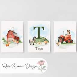 Personalised Farm Nursery Prints, Set Of 3 Custom Tractor Theme Wall Art Prints For Baby Boy Bedroom, Barnyard Animal Unisex Playroom Posters - thumbnail 3