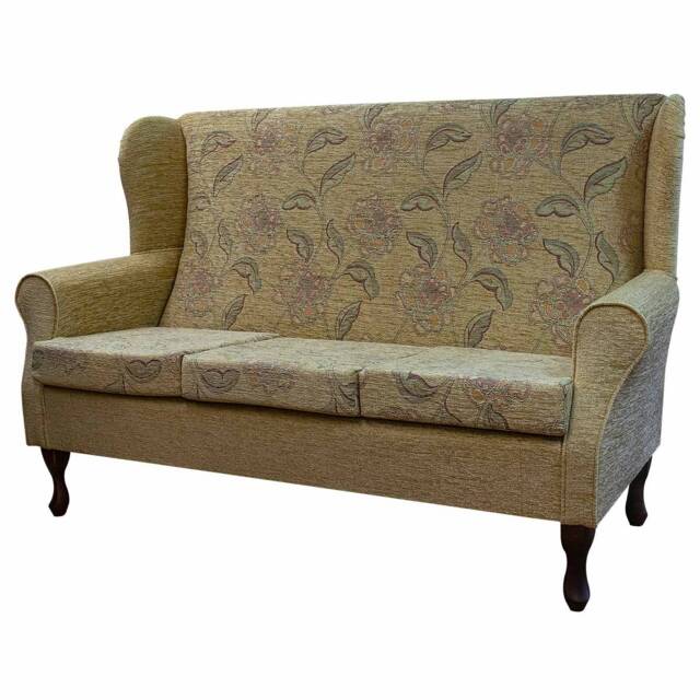 Handmade Floral Gold Wingback Sofa Traditional 3-Seater, British Made - image 1
