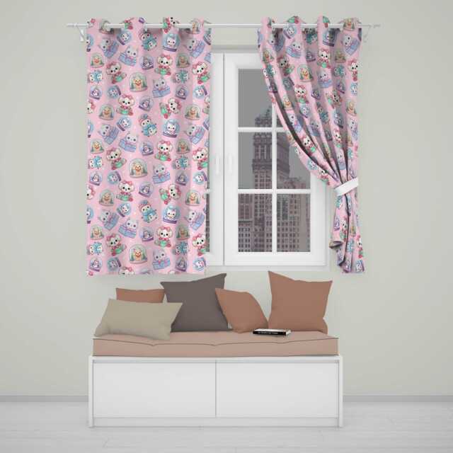 Cute Kittens Puppies Snow Globes Pink Background Seamless Pattern Readymade Eyelet Ring Top Thermal 100% Blackout Curtains - image 1