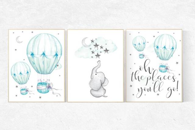 Elephant Hot Air Balloon Nursery Print Mint Green Wall Art - image 1
