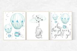 Elephant Hot Air Balloon Nursery Print Mint Green Wall Art - thumbnail 1
