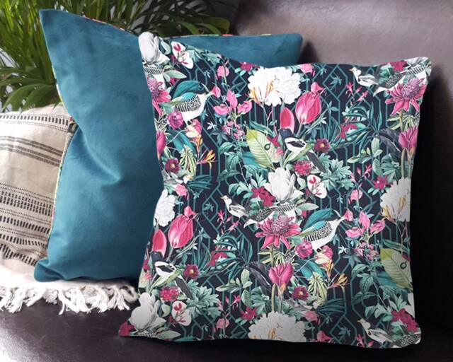 Garden Birds Velvet Cushion Cover, Luxury Sofa Cushion, Scatter Botanical Throw Country Home
