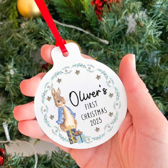 Personalised First Christmas Tree Ornament/Blue Or Pink Flat Metal Cute Rabbit Design With Name 1st Xmas Decoration Bauble For Kids - image 1
