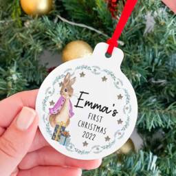 Personalised First Christmas Tree Ornament/Blue Or Pink Flat Metal Cute Rabbit Design With Name 1st Xmas Decoration Bauble For Kids - thumbnail 3
