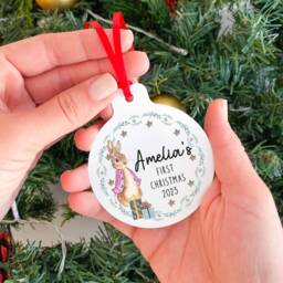 Personalised First Christmas Tree Ornament/Blue Or Pink Flat Metal Cute Rabbit Design With Name 1st Xmas Decoration Bauble For Kids - thumbnail 2
