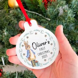 Personalised First Christmas Tree Ornament/Blue Or Pink Flat Metal Cute Rabbit Design With Name 1st Xmas Decoration Bauble For Kids