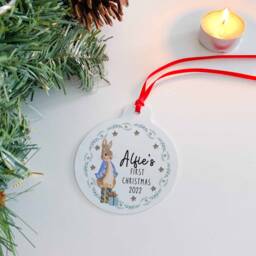 Personalised First Christmas Tree Ornament/Blue Or Pink Flat Metal Cute Rabbit Design With Name 1st Xmas Decoration Bauble For Kids - thumbnail 4