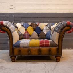 Unique British Handmade 1.5 Seater Patchwork Chesterfield Snuggle Sofa - Multicolour Wool Blends With Antique Tan Leather Facings & Border - thumbnail 2