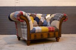 Unique British Handmade 1.5 Seater Patchwork Chesterfield Snuggle Sofa - Multicolour Wool Blends With Antique Tan Leather Facings & Border - thumbnail 1