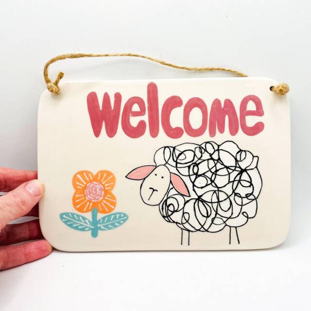 Handmade Ceramic Wall Hanging Tile Hand-Painted Sheep & Flower Design, Home Decor, Handcrafted Pottery - image 1