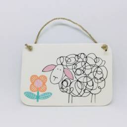 Handmade Ceramic Wall Hanging Tile Hand-Painted Sheep & Flower Design, Home Decor, Handcrafted Pottery - thumbnail 2
