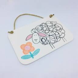 Handmade Ceramic Wall Hanging Tile Hand-Painted Sheep & Flower Design, Home Decor, Handcrafted Pottery - thumbnail 3
