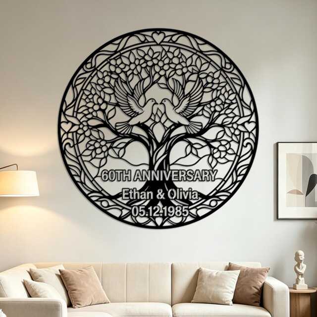 Ornate Tree Of Life Dove Custom Metal Wall Art, Personalized Wedding Anniversary Iron Circular Sign, Romantic Home Decor - image 1