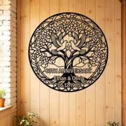 Ornate Tree Of Life Dove Custom Metal Wall Art, Personalized Wedding Anniversary Iron Circular Sign, Romantic Home Decor - thumbnail 2