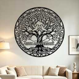 Ornate Tree Of Life Dove Custom Metal Wall Art, Personalized Wedding Anniversary Iron Circular Sign, Romantic Home Decor - thumbnail 1