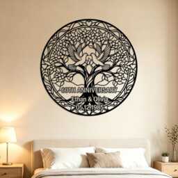 Ornate Tree Of Life Dove Custom Metal Wall Art, Personalized Wedding Anniversary Iron Circular Sign, Romantic Home Decor - thumbnail 4