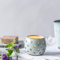 Handmade Ceramic Tea Light Holder Blue Pottery Candle Bowl, Us Ddp - thumbnail 3