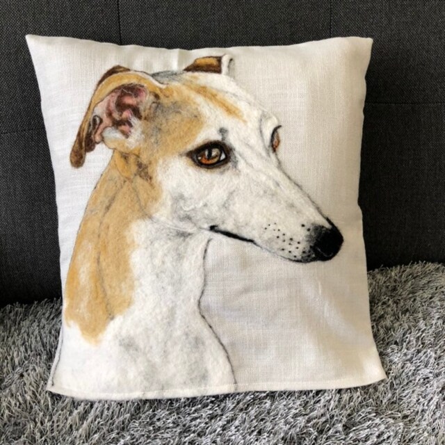 Needle Felted Whippet Pillow, Wool Painting, Dog Portrait - image 1