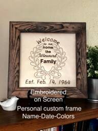 Customized Welcome Sign, Wedding Date, Custom Embroidered On Screen, Family Name Sign, Wedding Anniversary Gift, Pine Wood Rustic Wall Decor - thumbnail 1