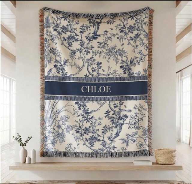 Personalized Toile Woven Blanket, Custom Name Blue De Jouy Throw, Floral Housewarming Gift, Elegant Home Gift - image 1