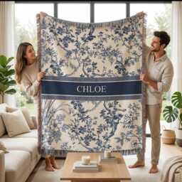Personalized Toile Woven Blanket, Custom Name Blue De Jouy Throw, Floral Housewarming Gift, Elegant Home Gift - thumbnail 3