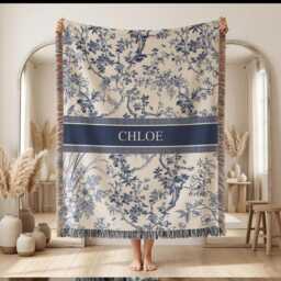 Personalized Toile Woven Blanket, Custom Name Blue De Jouy Throw, Floral Housewarming Gift, Elegant Home Gift - thumbnail 2