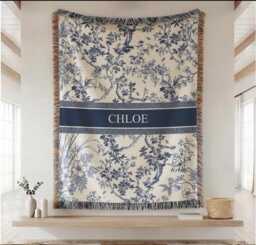 Personalized Toile Woven Blanket, Custom Name Blue De Jouy Throw, Floral Housewarming Gift, Elegant Home Gift - thumbnail 1