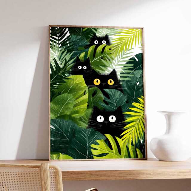 Black Cats Jungle Art Print, Botanical Wall Poster, Modern Cat Lover Gift, Playful Animal Illustration, Colorful Home Decor Print - image 1