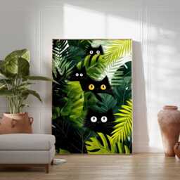 Black Cats Jungle Art Print, Botanical Wall Poster, Modern Cat Lover Gift, Playful Animal Illustration, Colorful Home Decor Print - thumbnail 3