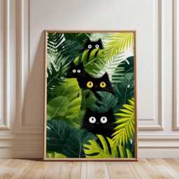Black Cats Jungle Art Print, Botanical Wall Poster, Modern Cat Lover Gift, Playful Animal Illustration, Colorful Home Decor Print - thumbnail 2