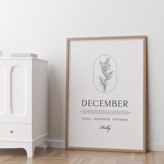December Birth Flower Print Holly Minimal Line Wall Art, Sagittarius Capricorn Birthday Gift - image 1
