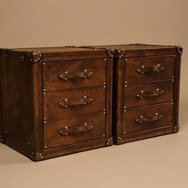 Vintage Style Leather Nightstands, Three Drawer Bedside Chests, English Handmade, Bedroom Furniture, Matching Pair - image 1