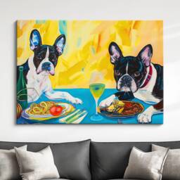 Colorful French Bulldogs Dining Canvas Art - Fun & Whimsical Dog Wall Decor Framed Pet Lover's Print Home Or Office Ready To Hang