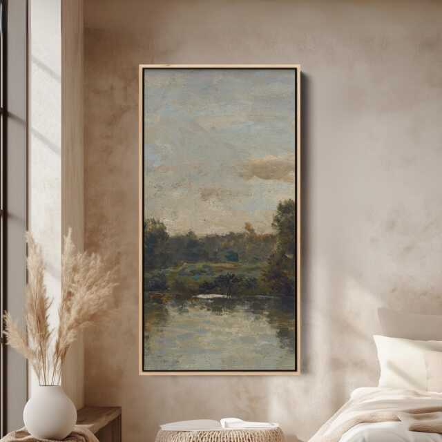 River Landscape Impression Vertical Wall Art Tall Narrow Slim Canvas Print Nature Portrait - image 1