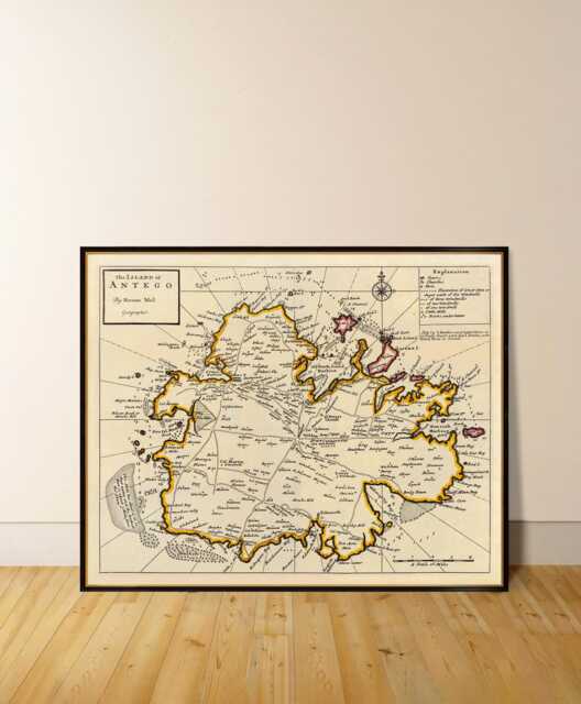 Antigua Map, 1736 Cartographic Masterpiece Of The Island Antego - image 1
