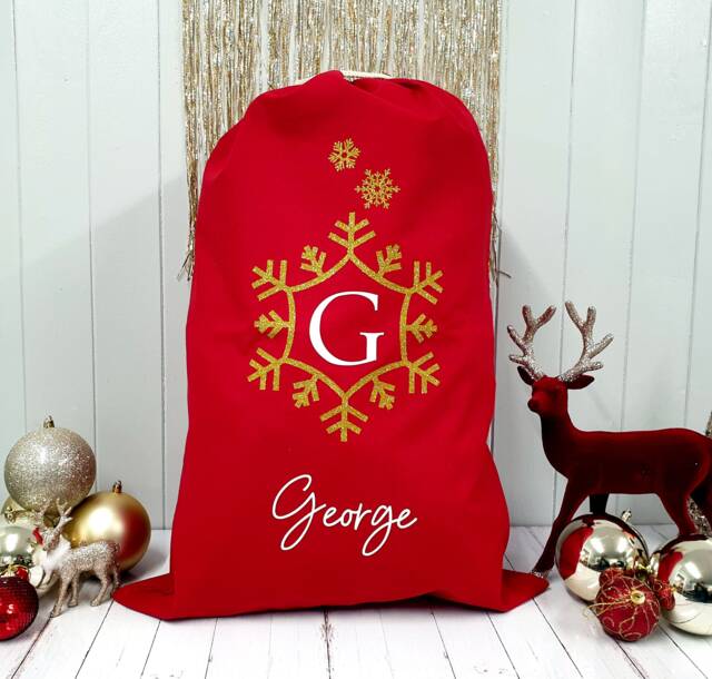 Personalised Santa Sack, Christmas Sack, Stocking, Eve Box, Snowflake, Gold Glitter, Red, Gift For Her, Him - image 1
