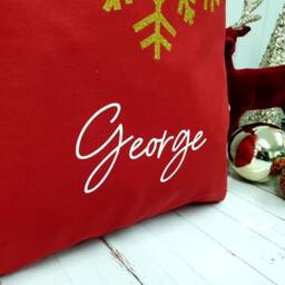 Personalised Santa Sack, Christmas Sack, Stocking, Eve Box, Snowflake, Gold Glitter, Red, Gift For Her, Him - thumbnail 2