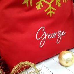 Personalised Santa Sack, Christmas Sack, Stocking, Eve Box, Snowflake, Gold Glitter, Red, Gift For Her, Him - thumbnail 4