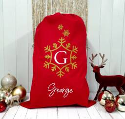 Personalised Santa Sack, Christmas Sack, Stocking, Eve Box, Snowflake, Gold Glitter, Red, Gift For Her, Him