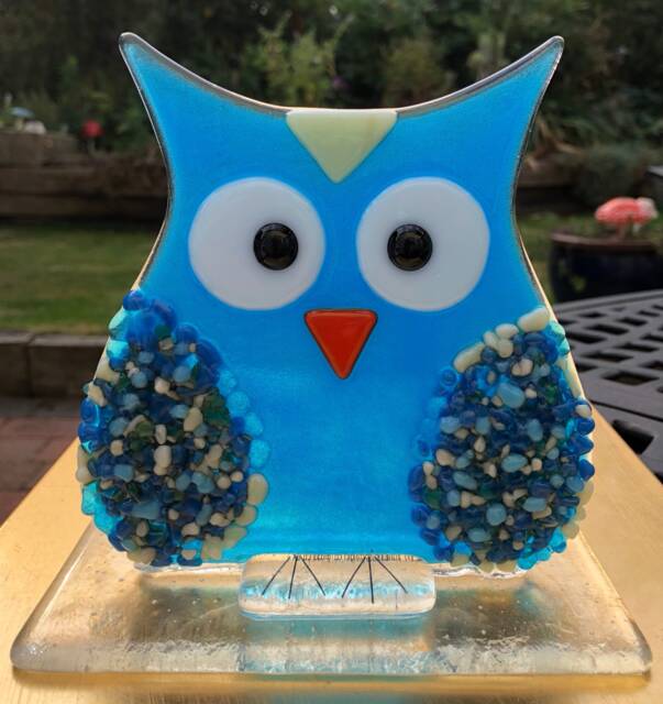 Fused Glass Owl Sculpture Turquoise Blue Freestanding Owl, Handmade - image 1