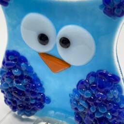 Fused Glass Owl Sculpture Turquoise Blue Freestanding Owl, Handmade - thumbnail 2